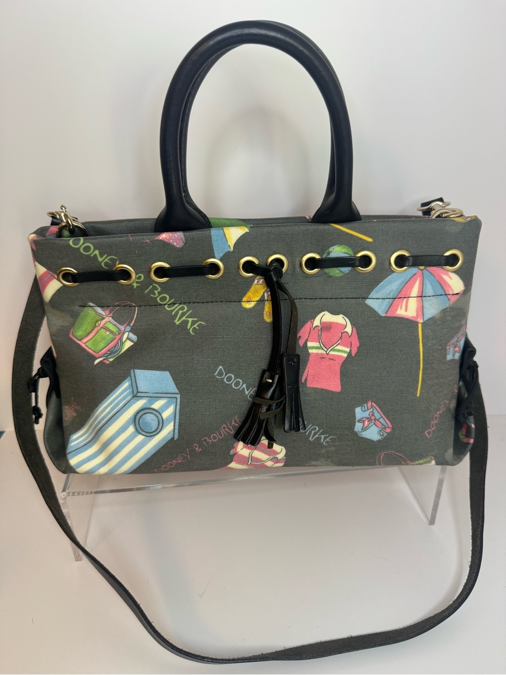 #326 Dooney & Bourke Y2K Summer Beach Tassel Coated Canvas & Leather Two Way Bag - Picture 3 of 14